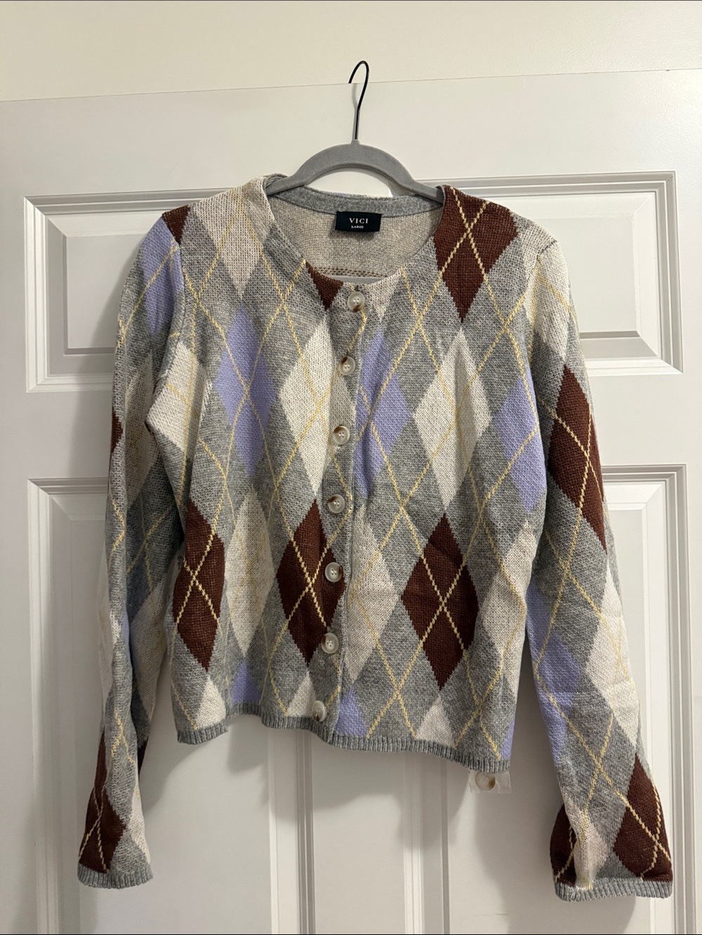 VICI Gray Lavender Brown Argyle Button-Front Cardigan